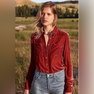 Anthropologie Holding Horses Burnt Orange Crushed Velvet Button Down Shirt